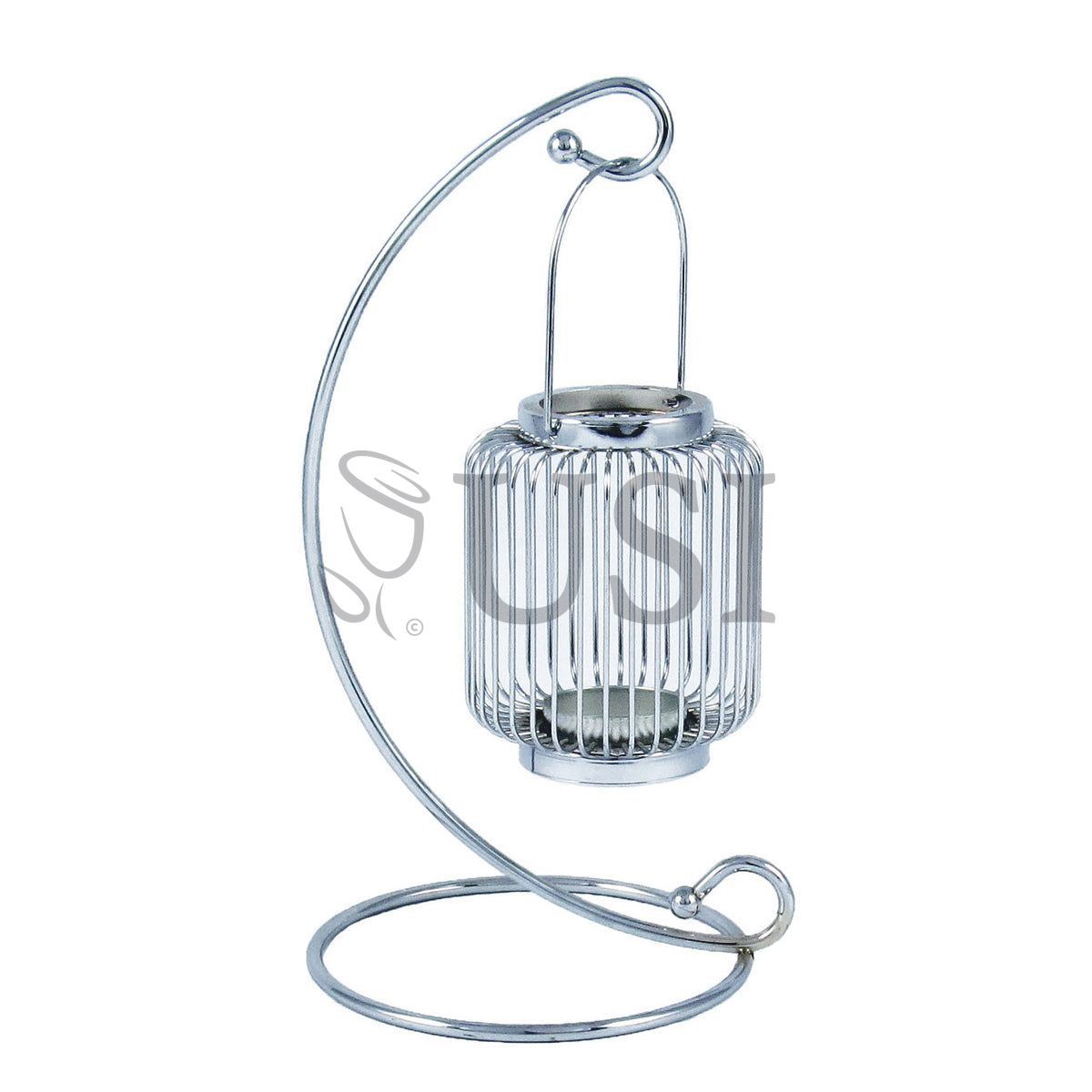 Metal Wire Cylinder Lantern Candle Holder w Stand, 14in, Silver