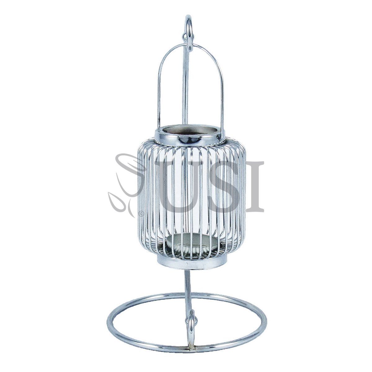 Metal Wire Cylinder Lantern Candle Holder w Stand, 14in, Silver