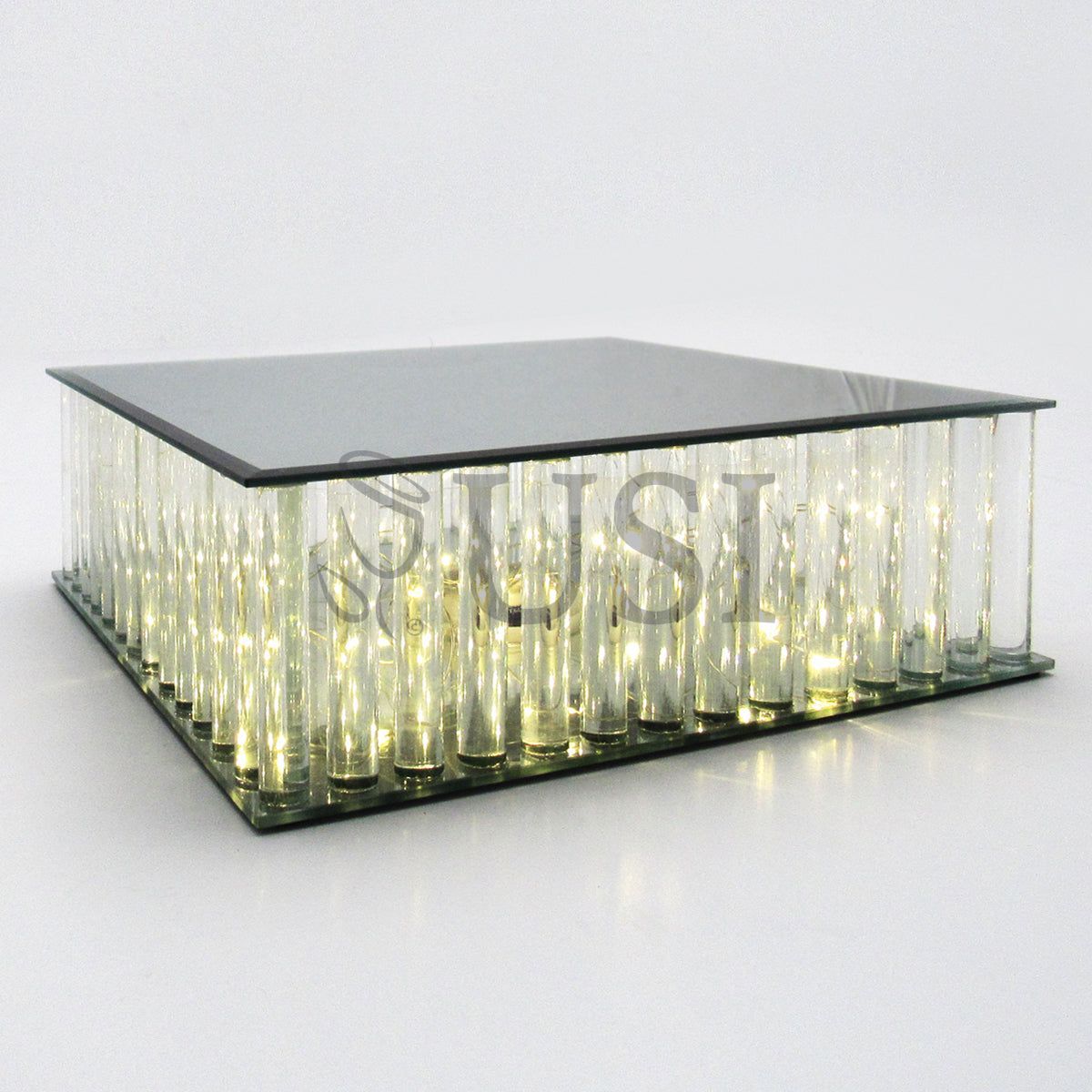 Square Mirror Top LED Column Cake Stand, 12in, Clear