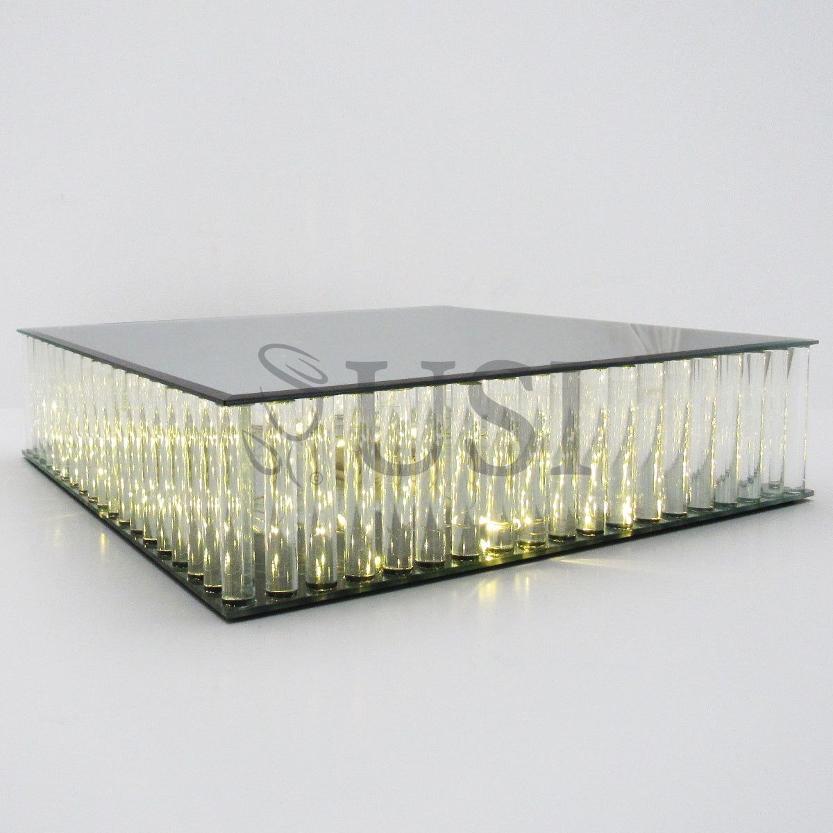 Square Mirror Top LED Column Cake Stand, 16in, Clear