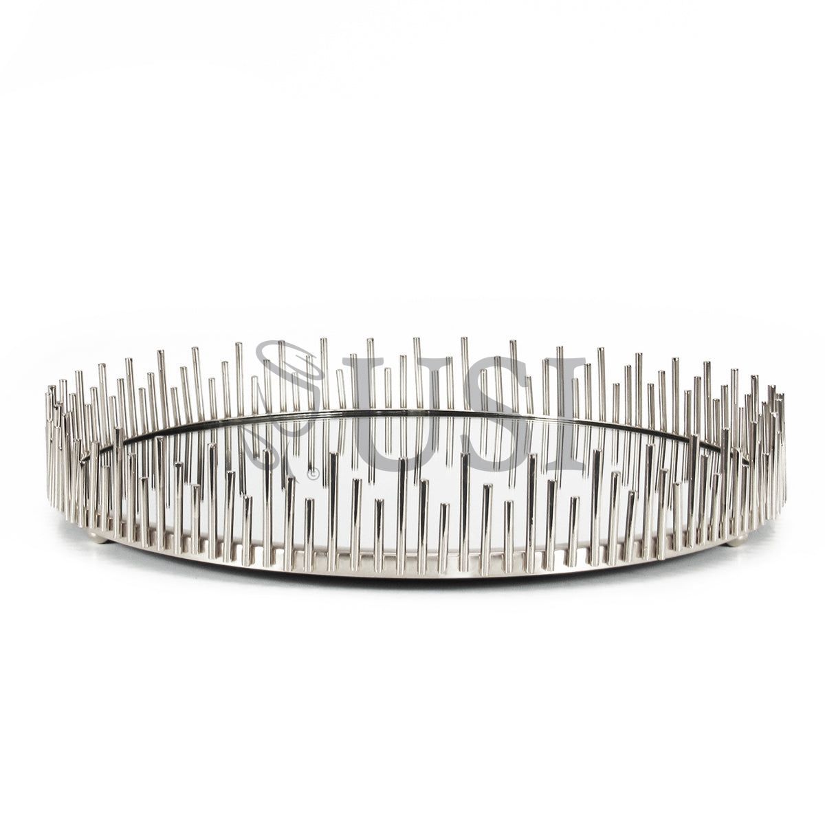Sunburst Round Metal Mirror Tray, 14in, Silver
