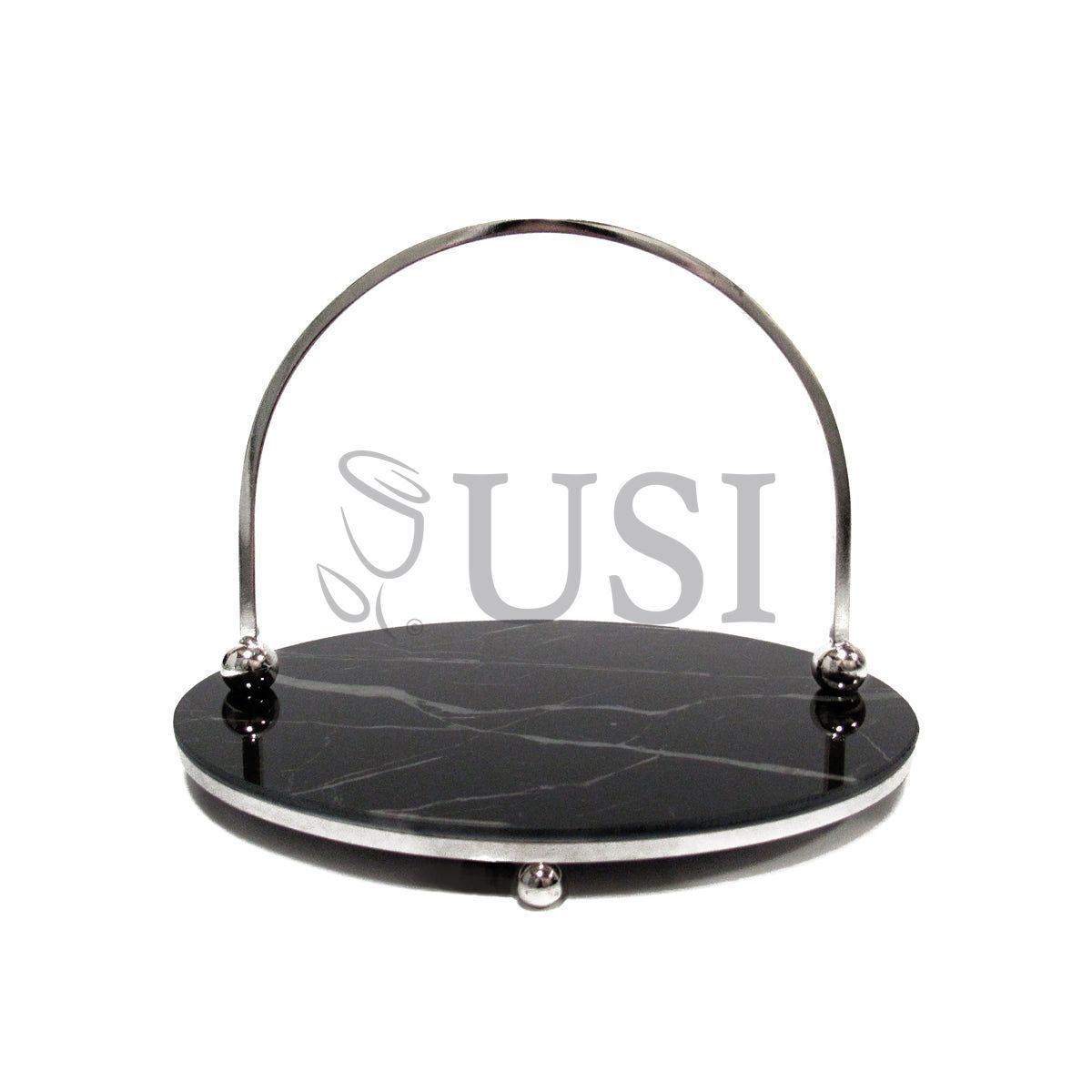 Marble Look Round Glass Tray w Handle, 10in, Silver