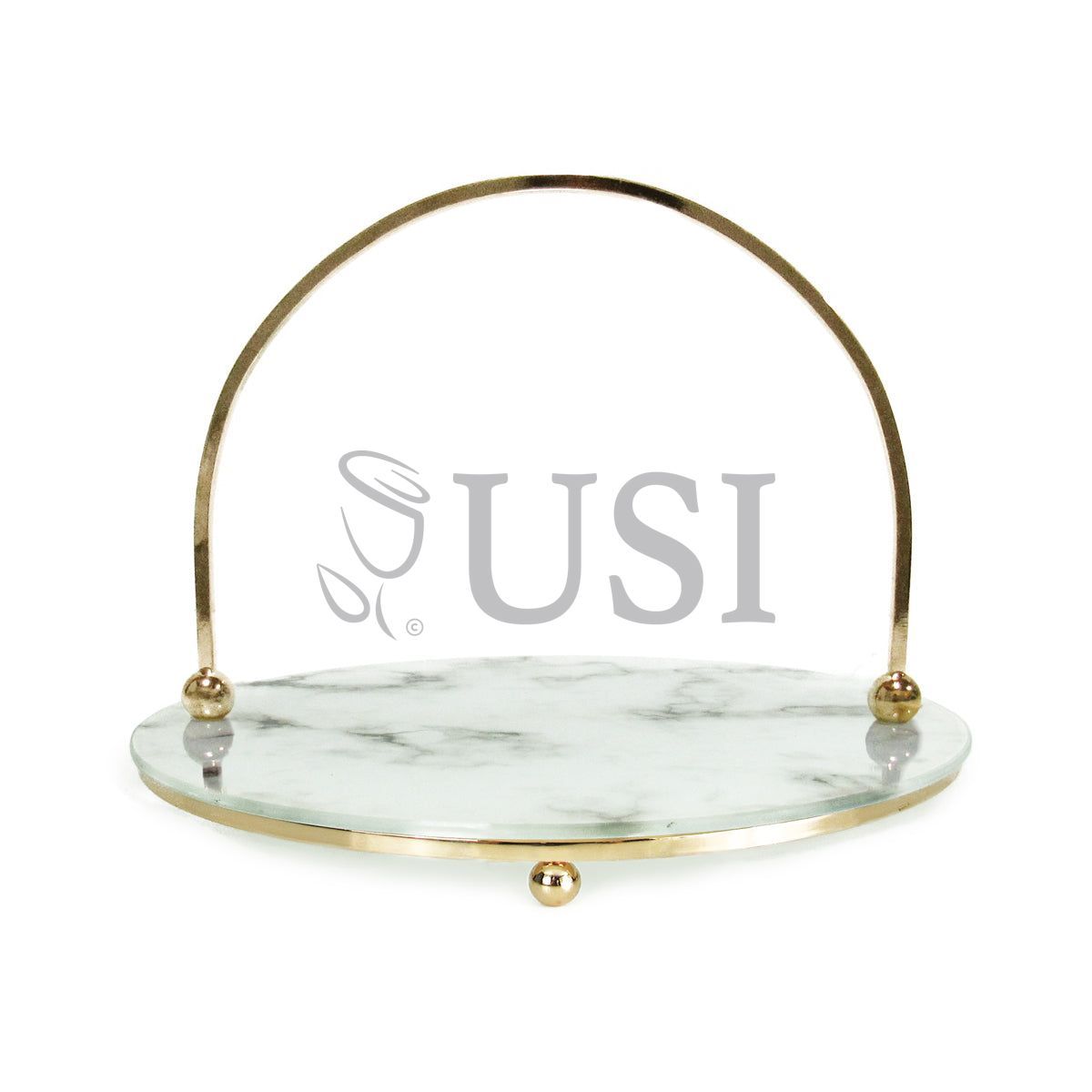 Marble Look Round Glass Tray w Handle, 12in, Gold