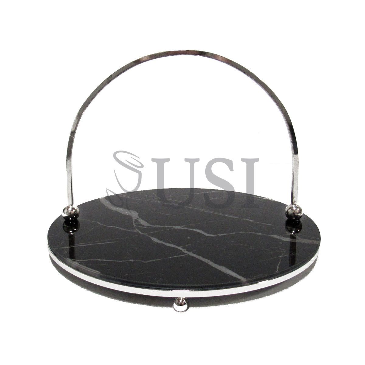 Marble Look Round Glass Tray w Handle, 12in, Silver