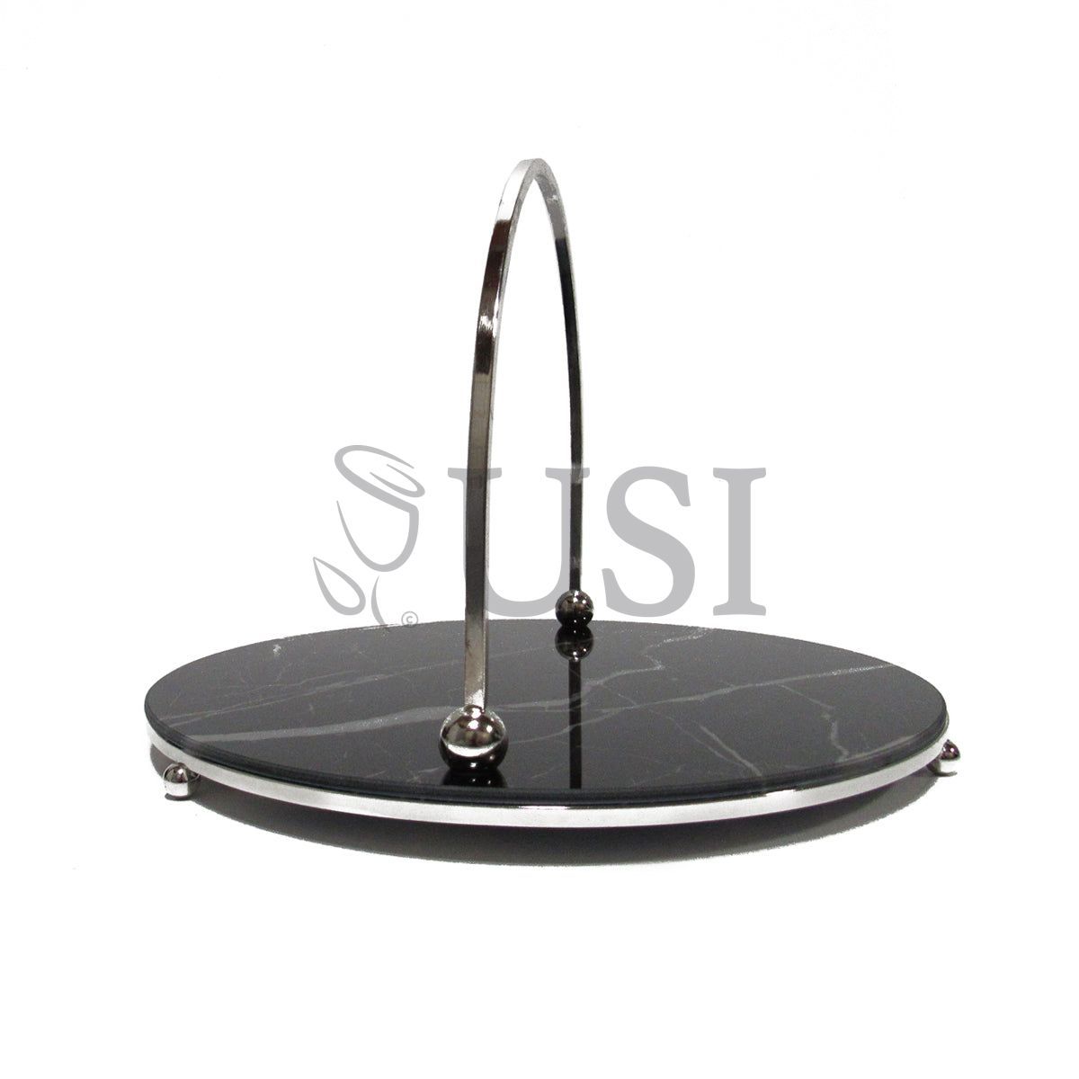 Marble Look Round Glass Tray w Handle, 12in, Silver
