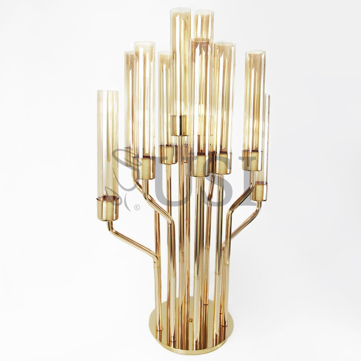 Hurricane Metal Candlestick Candelabra w 12 Cups & Round Base, 39-51in, Gold