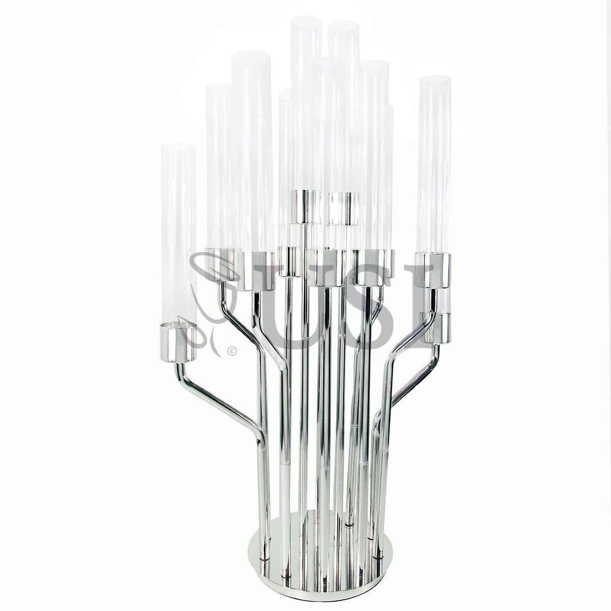 Hurricane Metal Candlestick Candelabra w 12 Cups & Round Base, 39-51in, Silver