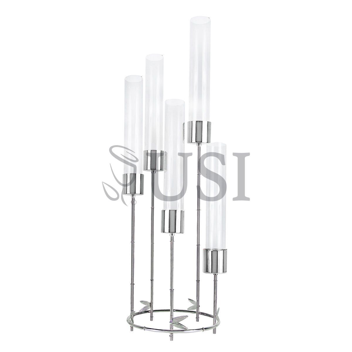 Hurricane Metal Bamboo Candlestick Candelabra w 5 Cups & Round Base, 35.25in, Silver