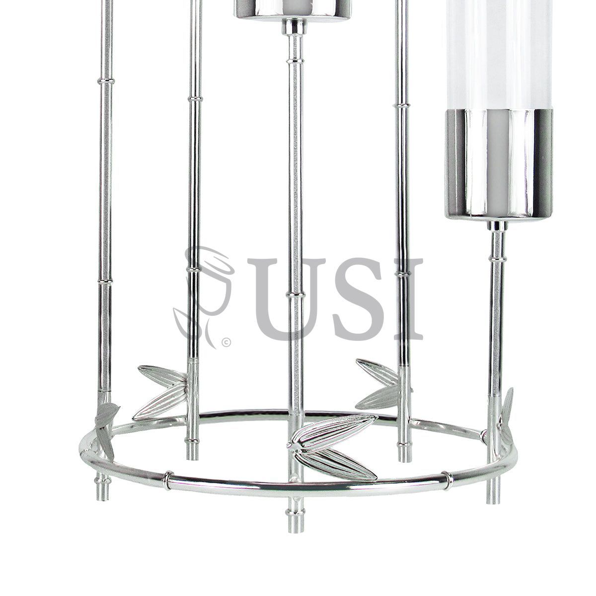 Hurricane Metal Bamboo Candlestick Candelabra w 5 Cups & Round Base, 35.25in, Silver