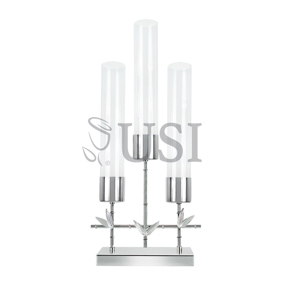 Hurricane Metal Bamboo Candlestick Candelabra w 3 Cups & Rectangle Base, 23in, Silver