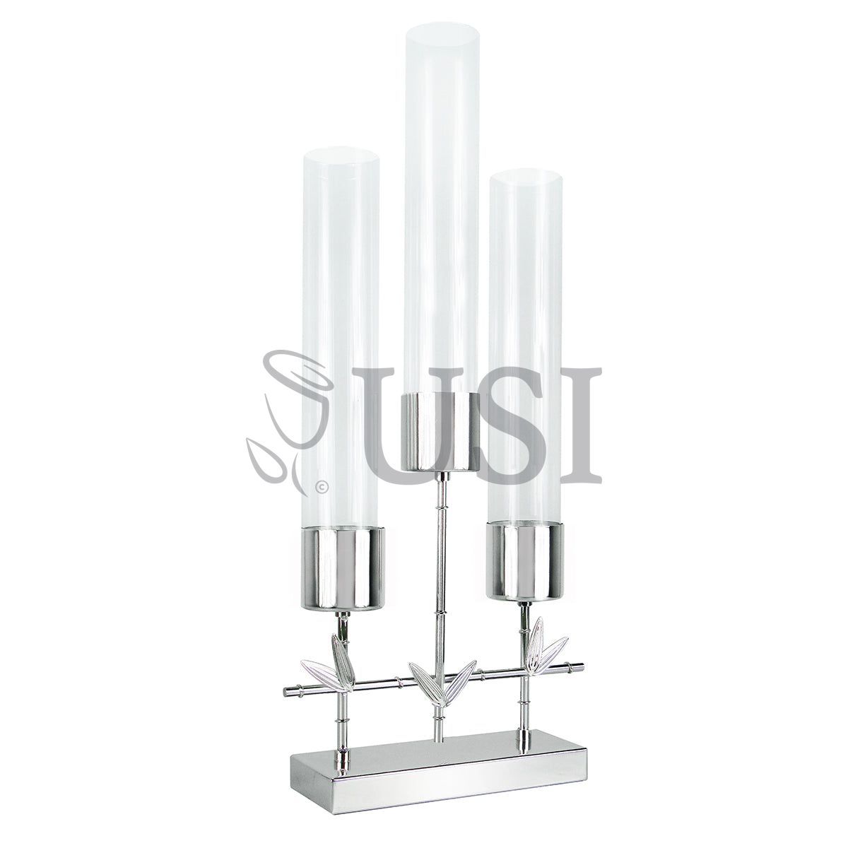 Hurricane Metal Bamboo Candlestick Candelabra w 3 Cups & Rectangle Base, 23in, Silver