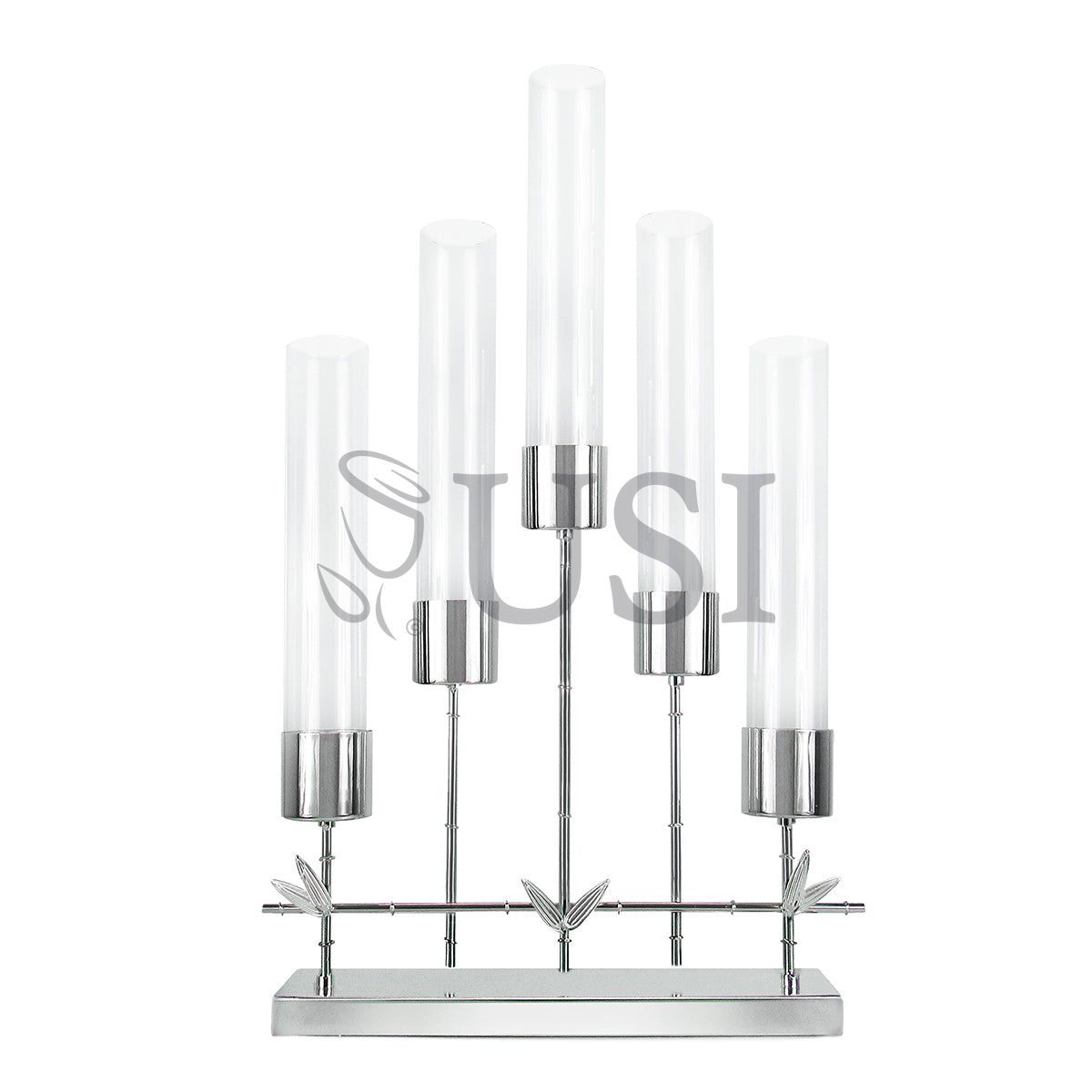 Hurricane Metal Bamboo Candlestick Candelabra w 5 Cups & Rectangle Base, 27in, Silver