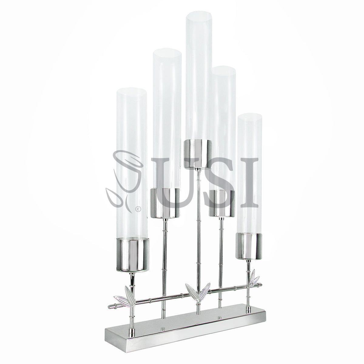 Hurricane Metal Bamboo Candlestick Candelabra w 5 Cups & Rectangle Base, 27in, Silver