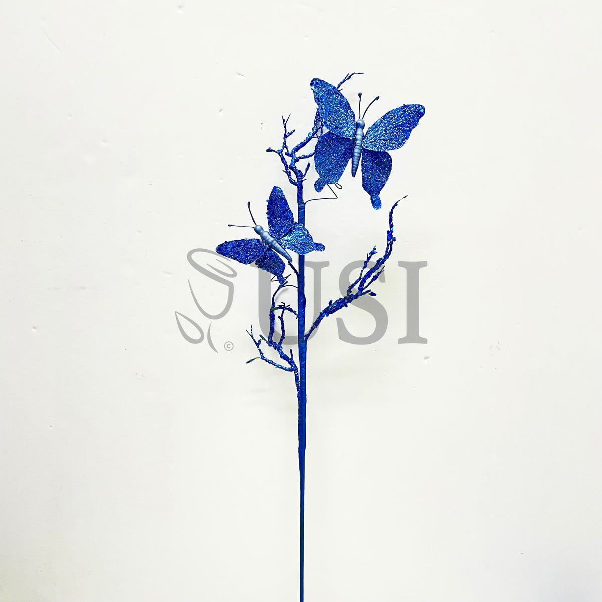 Glitter Twig w 2 Butterflies, 31in, Blue