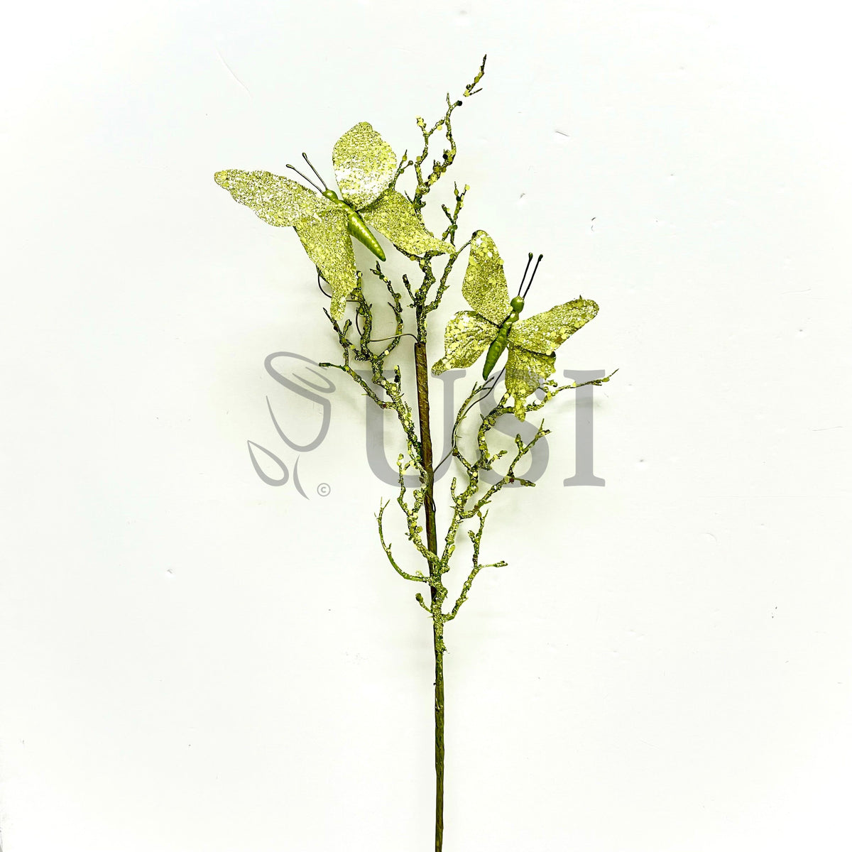 Glitter Twig w 2 Butterflies, 31in, Green