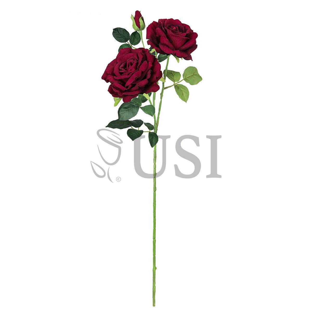 Velvet Elegant Rose Flower Spray x 2 Flo 1 Bud, 32in, Burgundy