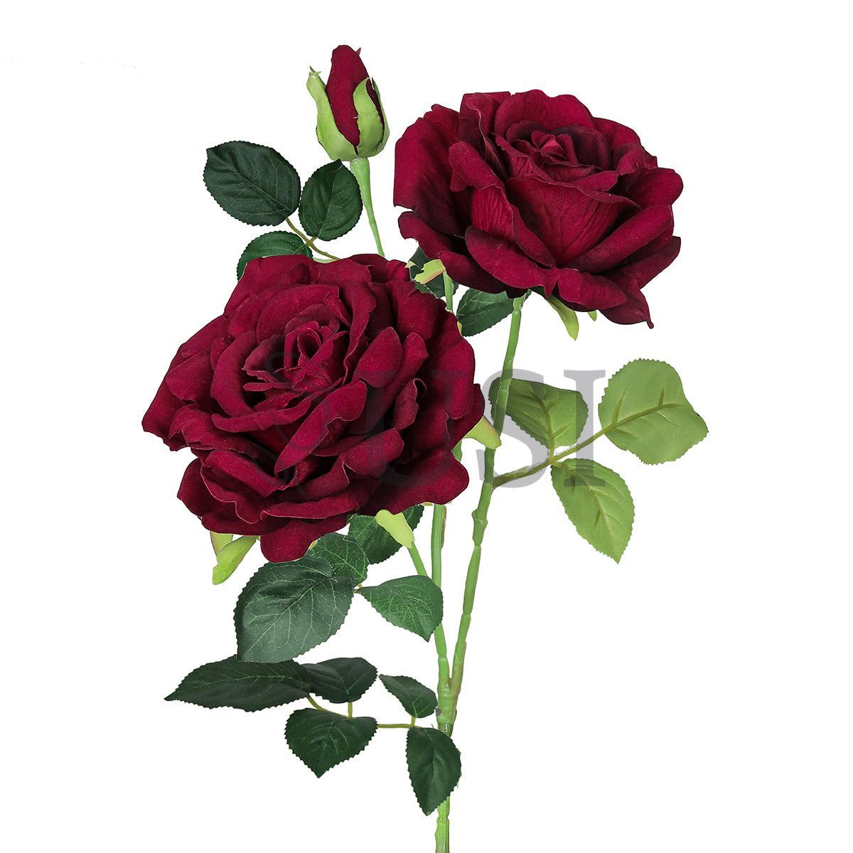 Velvet Elegant Rose Flower Spray x 2 Flo 1 Bud, 32in, Burgundy