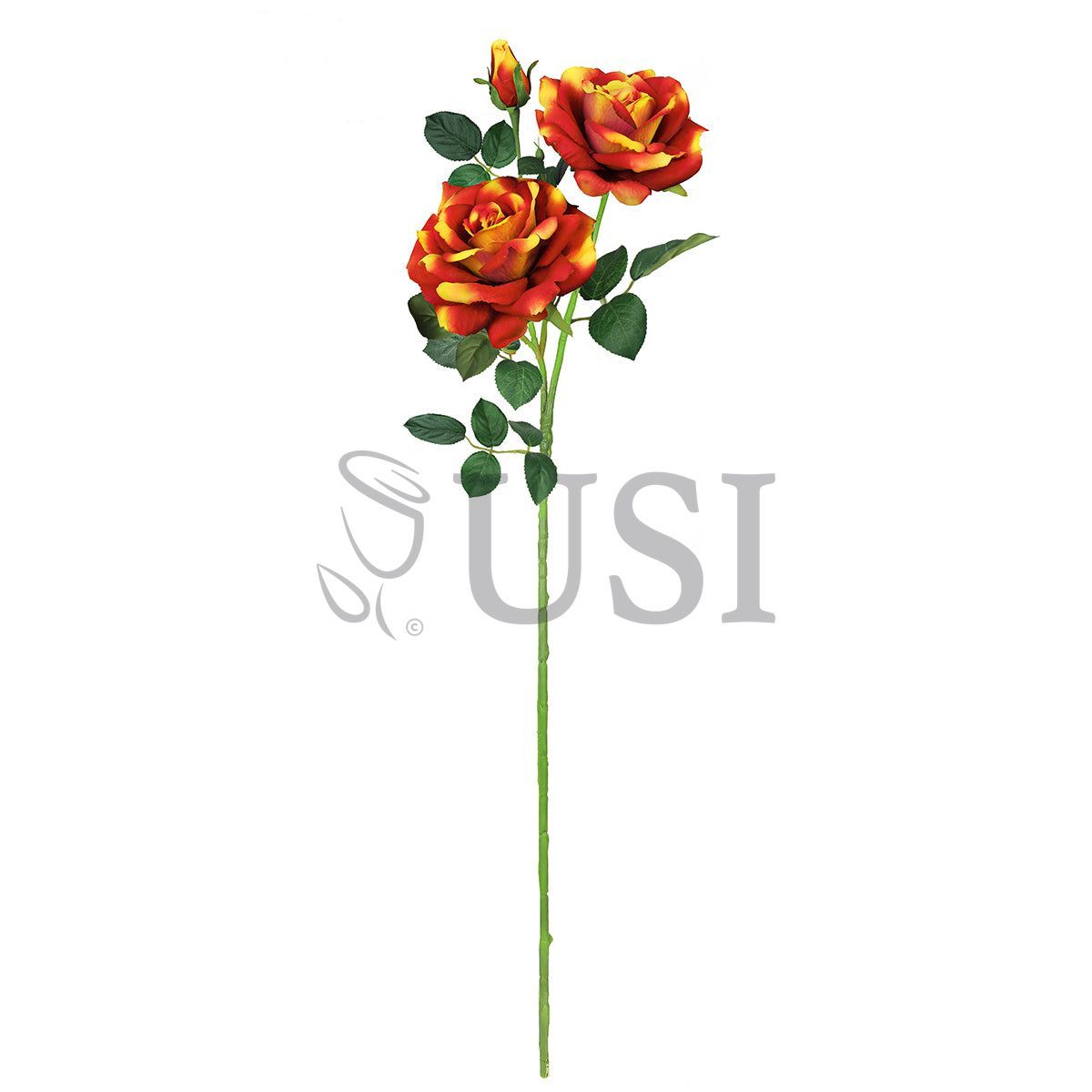 Velvet Elegant Rose Flower Spray x 2 Flo 1 Bud, 32in, Orange Yellow