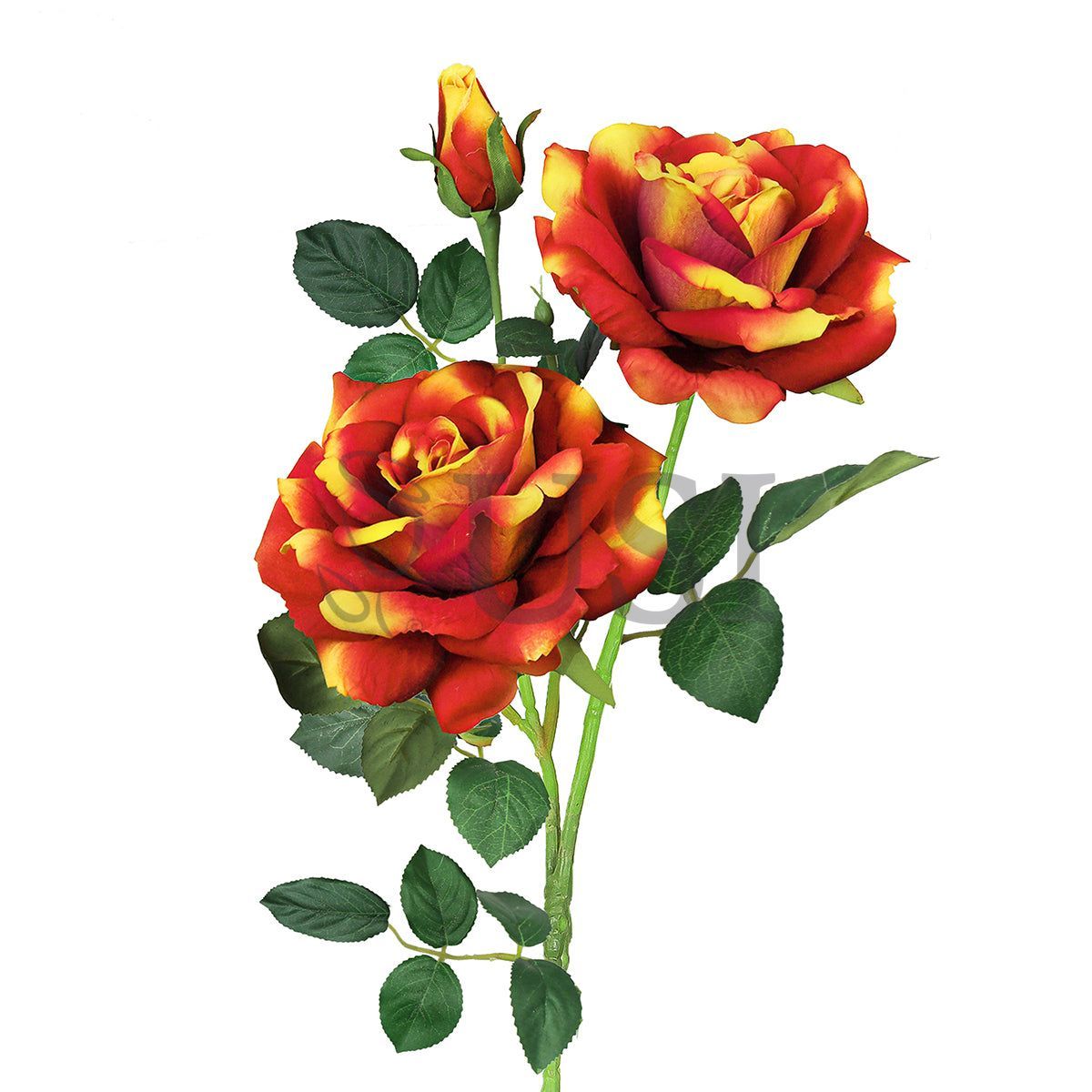 Velvet Elegant Rose Flower Spray x 2 Flo 1 Bud, 32in, Orange Yellow