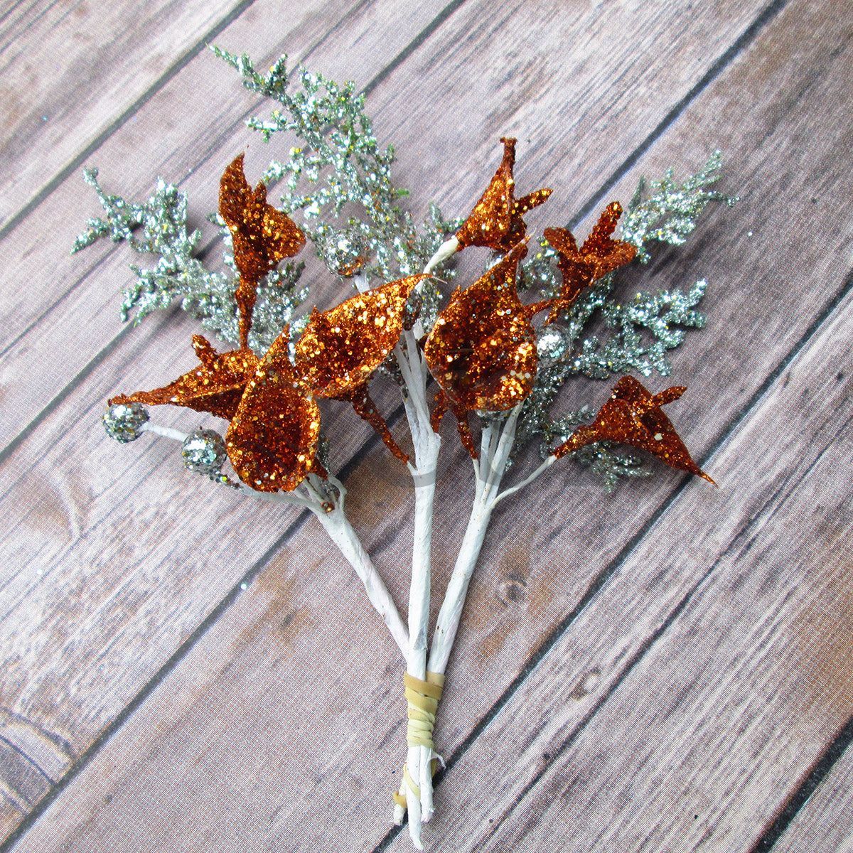 Glitter Mini Calla Lily and Berry Pick, 8.75in, Copper Gold