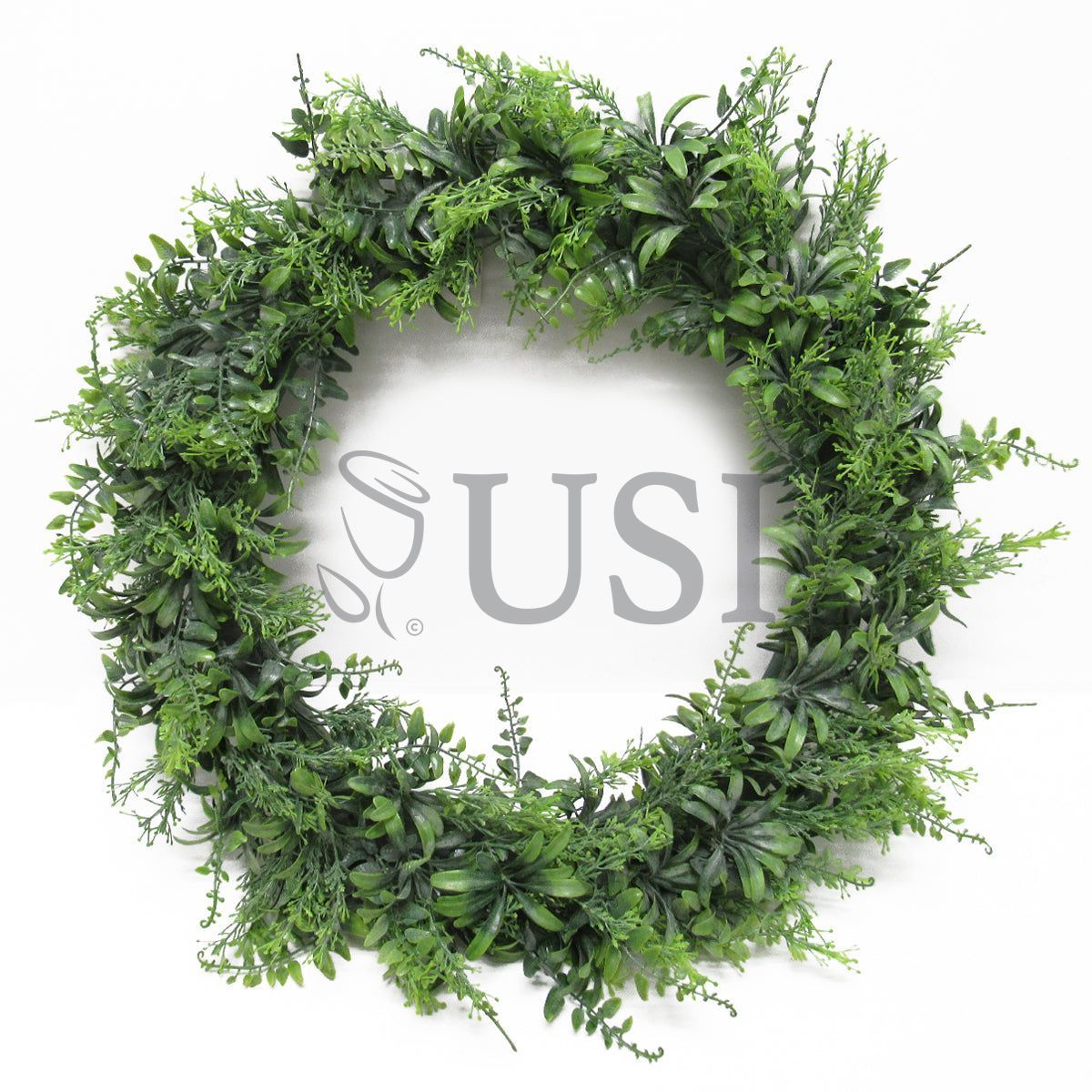 Green Flowering Fern Mix Leaf Wreath, 22in, Frosted Green