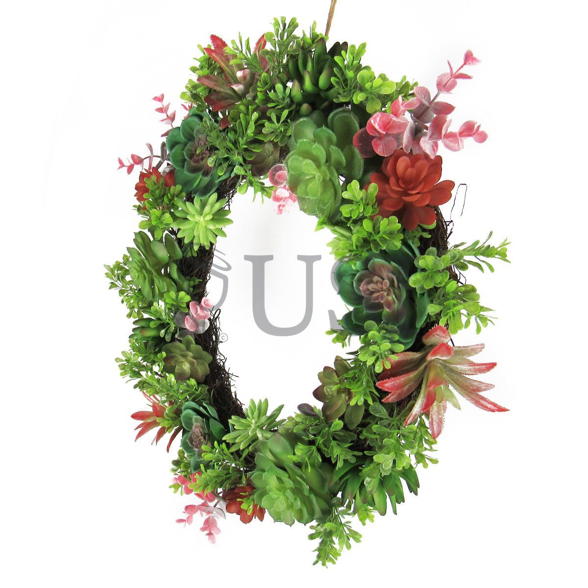 Mixed Succulent Boxwood Wreath, 18in, Green Burgundy