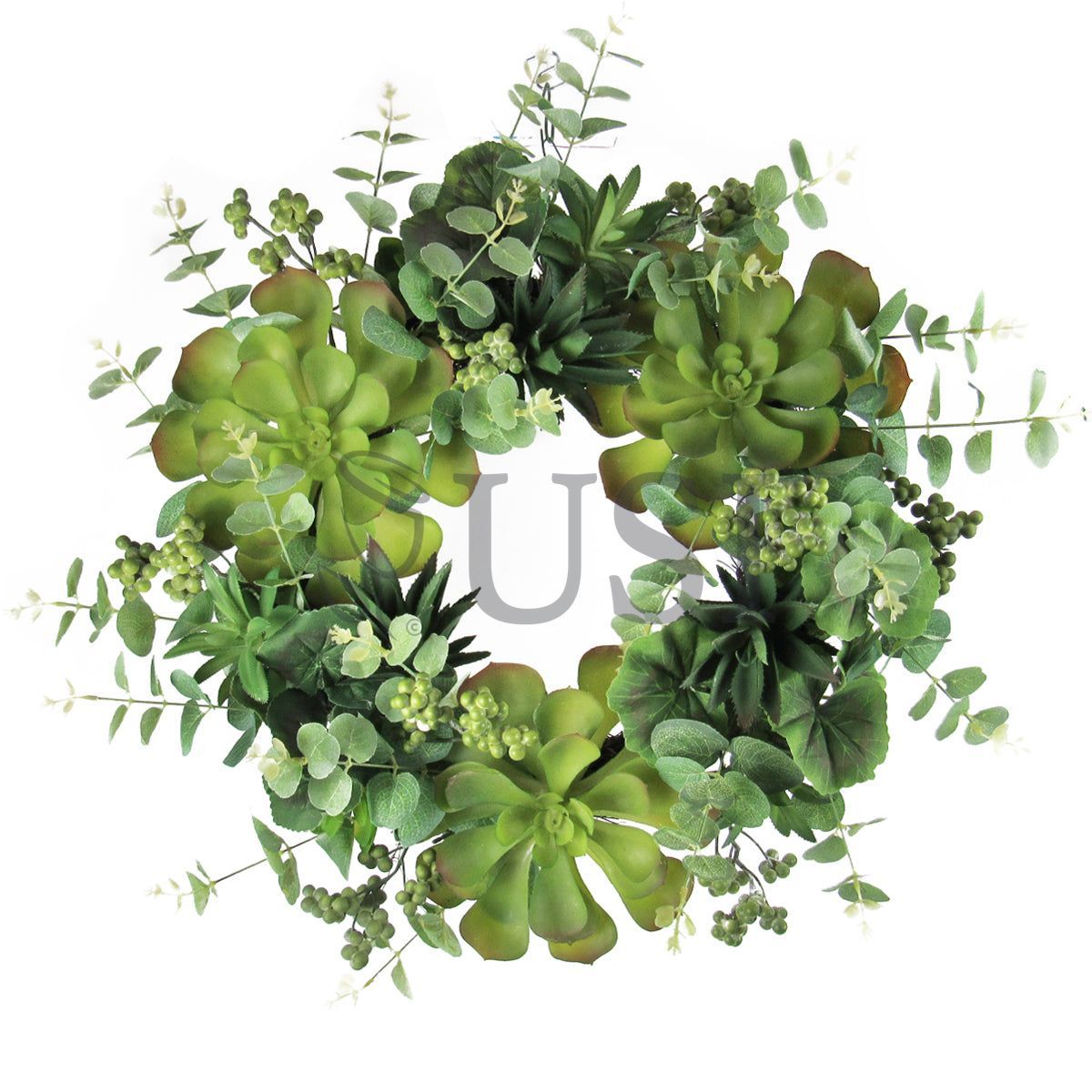 Large Mixed Succulent Eucalyptus Wreath w Berry, 22in, Green