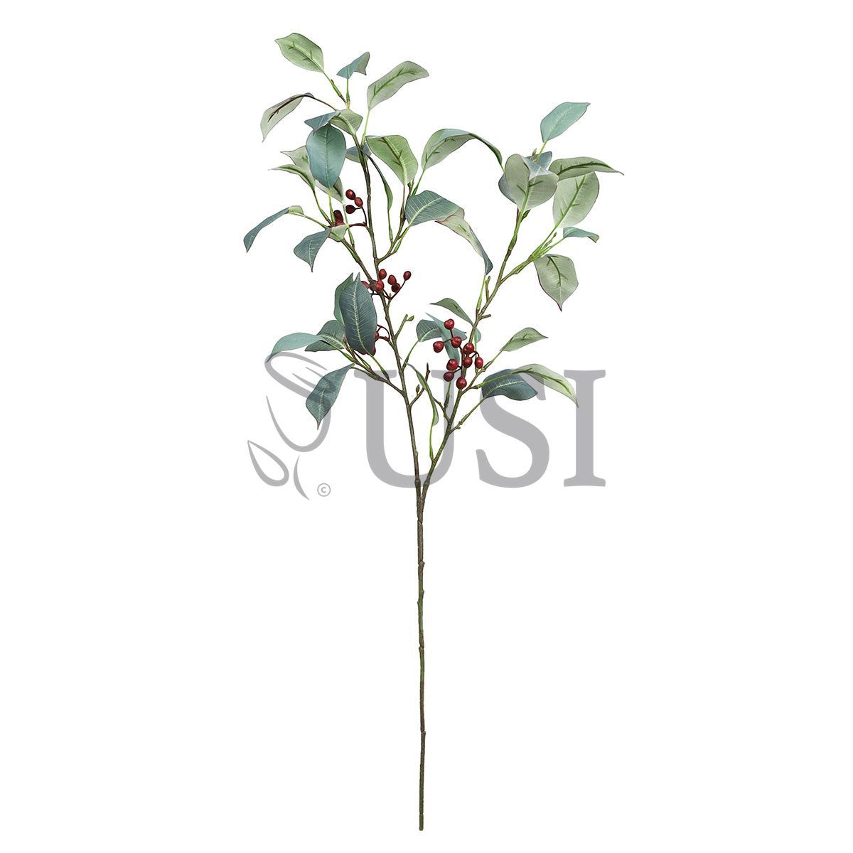 Frosted Ficus Leaf Greenery Spray w Berries, 38in, Green Red