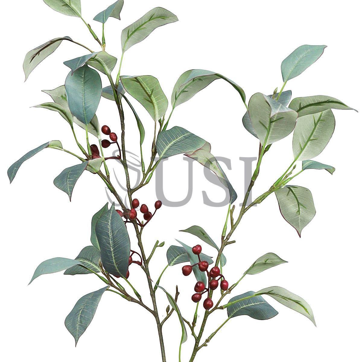 Frosted Ficus Leaf Greenery Spray w Berries, 38in, Green Red