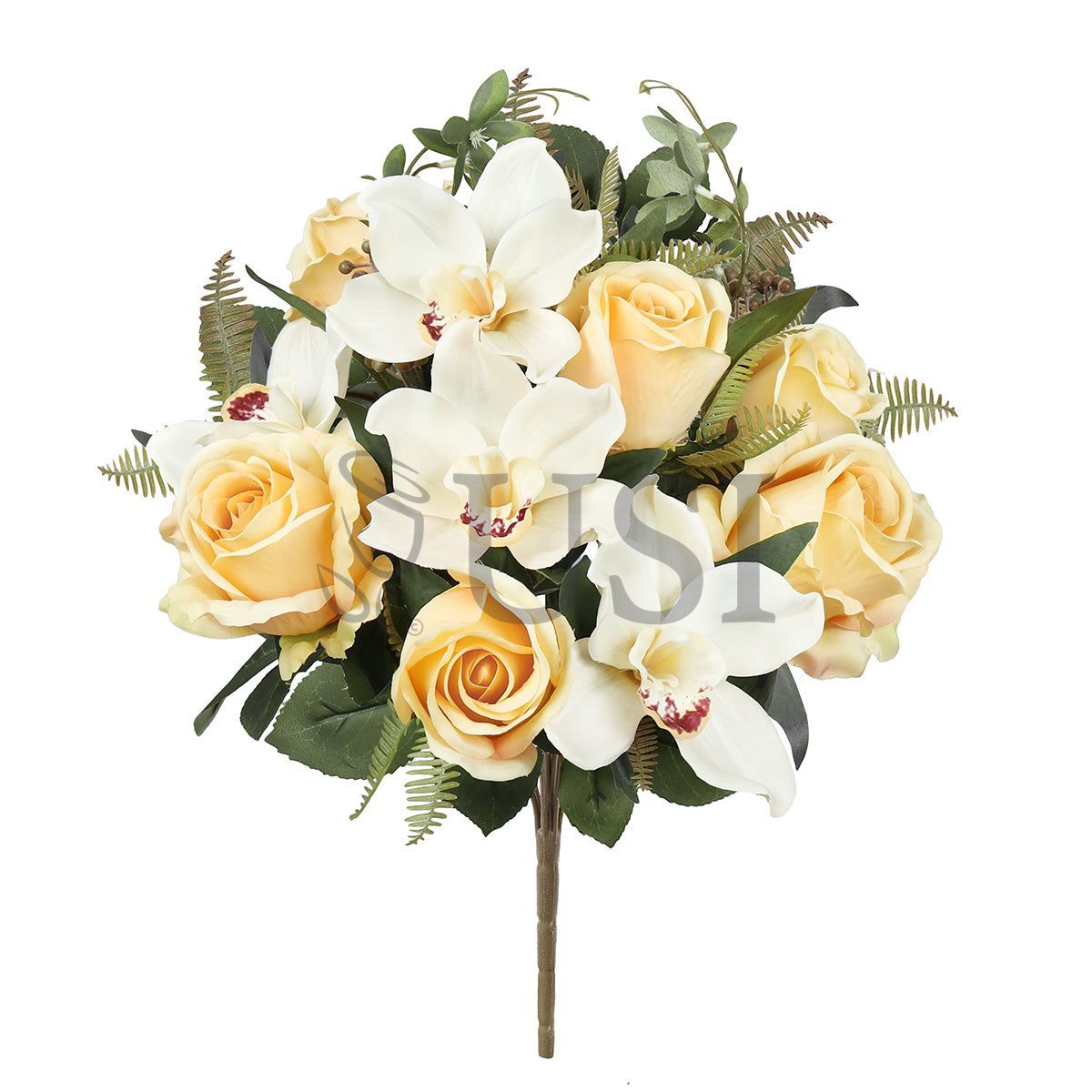 Mixed Rose Cymbidium Orchid Flower Bush w Filler x12, 18in, Ivory Champagne
