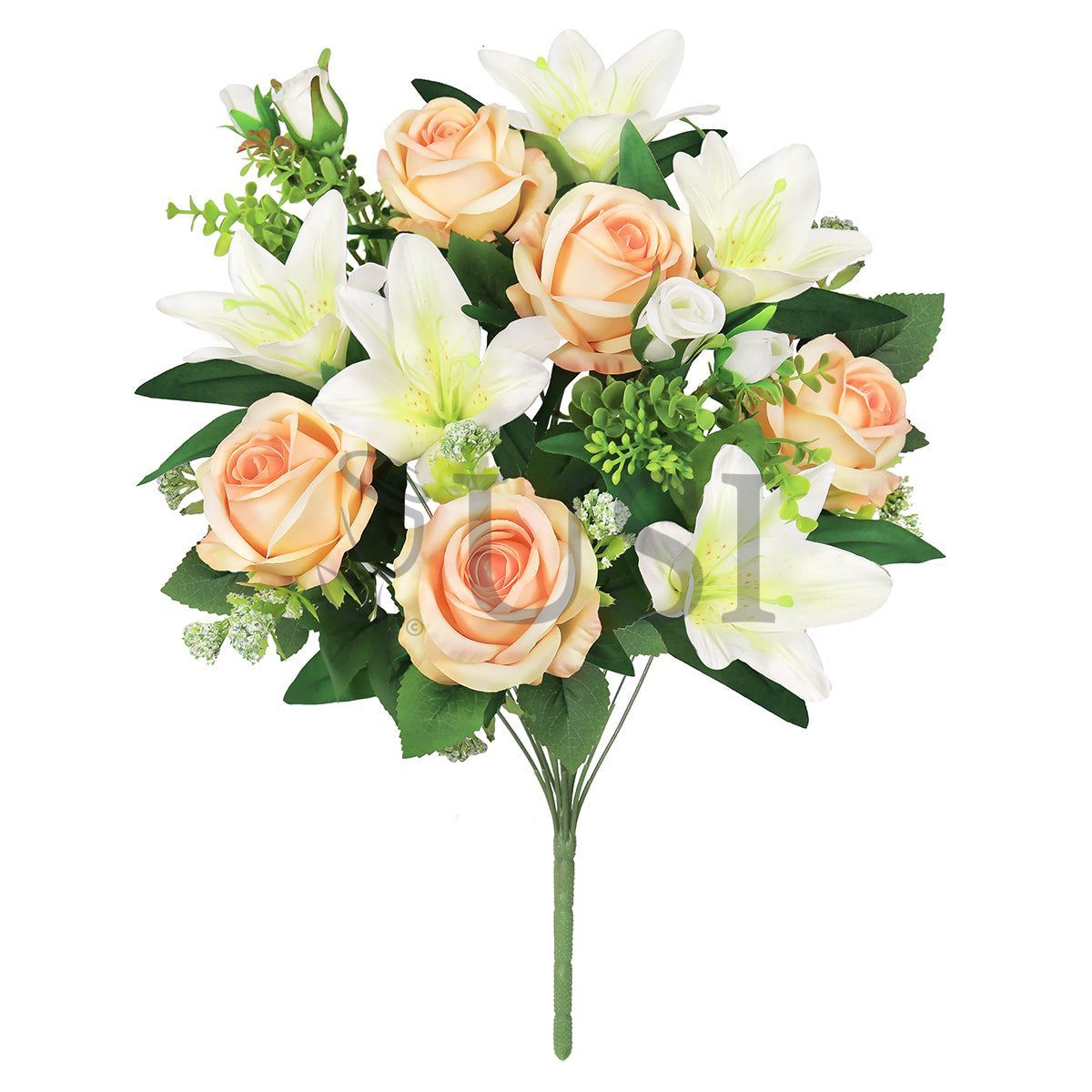 Mixed Rose Stargazer Lily Flower Bush w Filler x12, 18in, Peach Cream