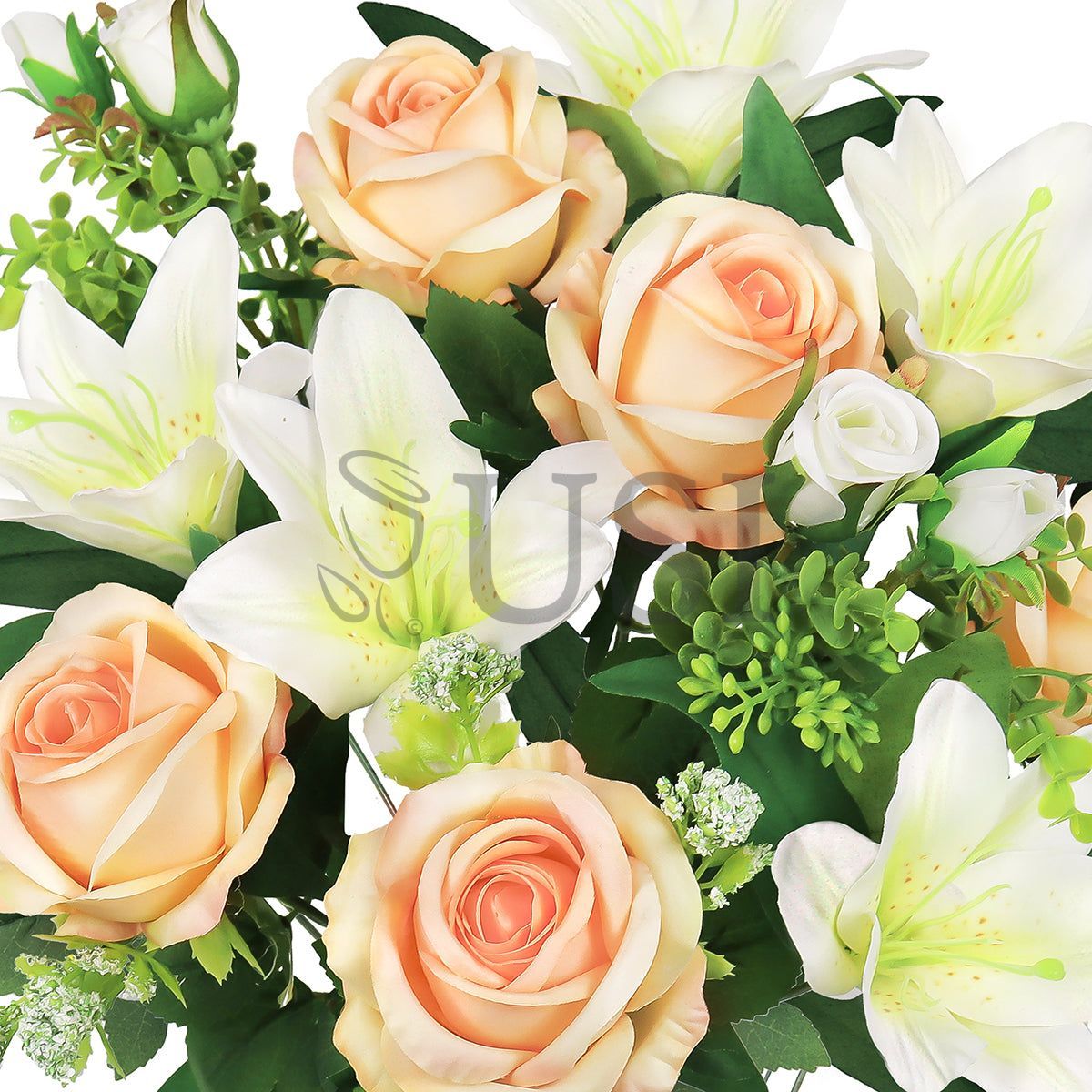 Mixed Rose Stargazer Lily Flower Bush w Filler x12, 18in, Peach Cream