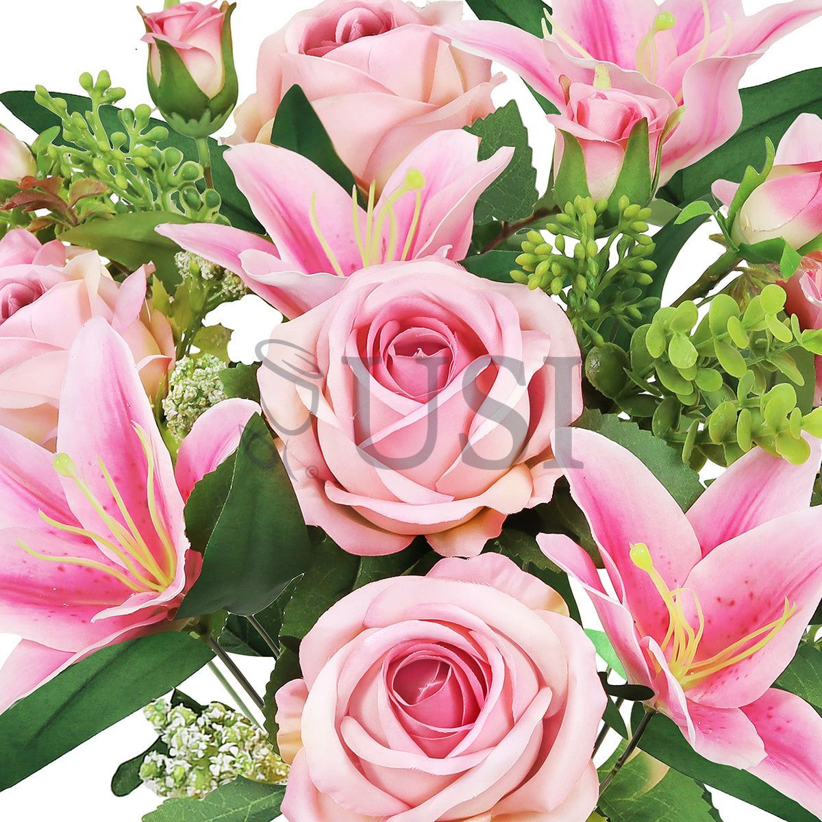 Mixed Rose Stargazer Lily Flower Bush w Filler x12, 18in, Pink