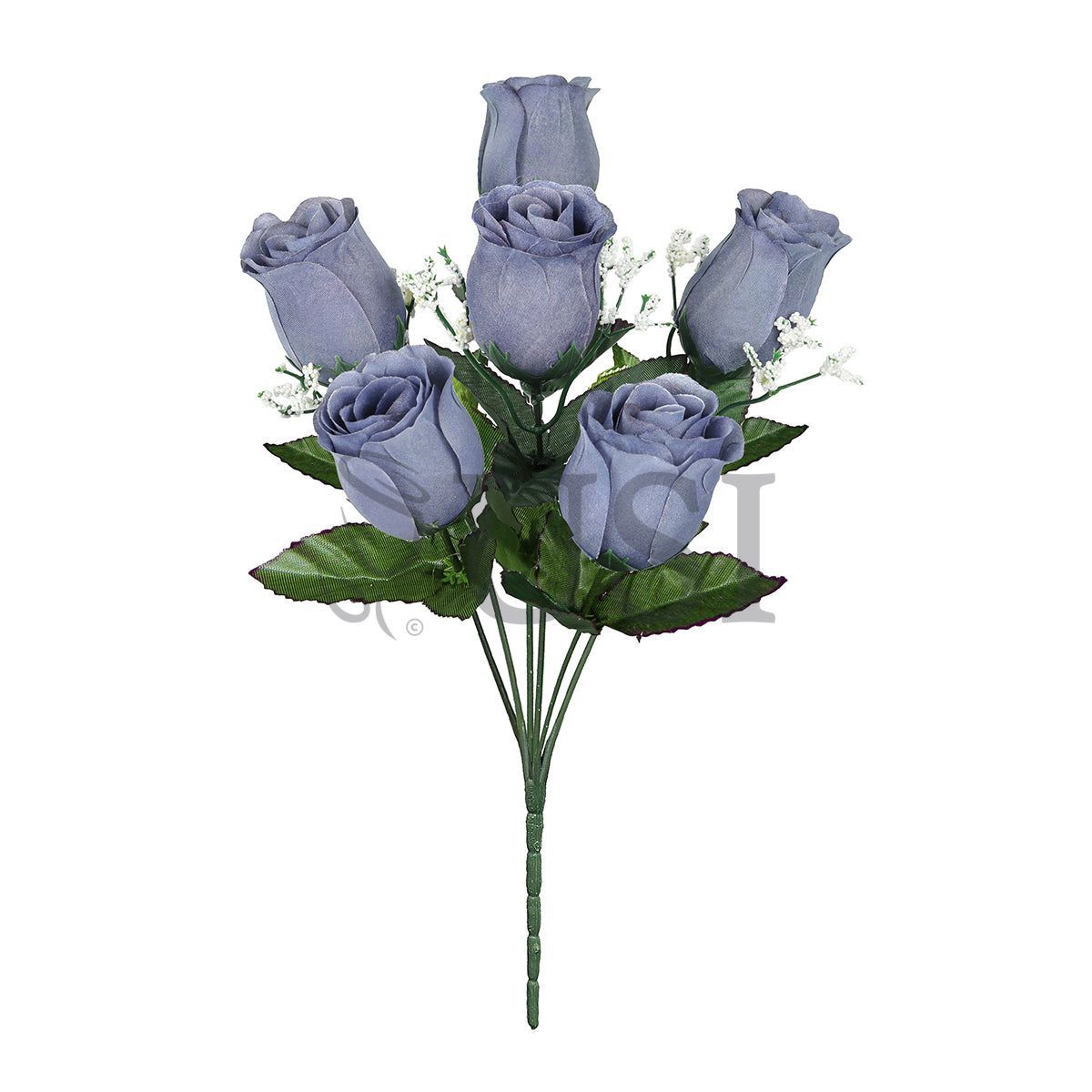 Standard Rose Bud Flower Bush w Gypsophila x6, 14in, Blue Grey