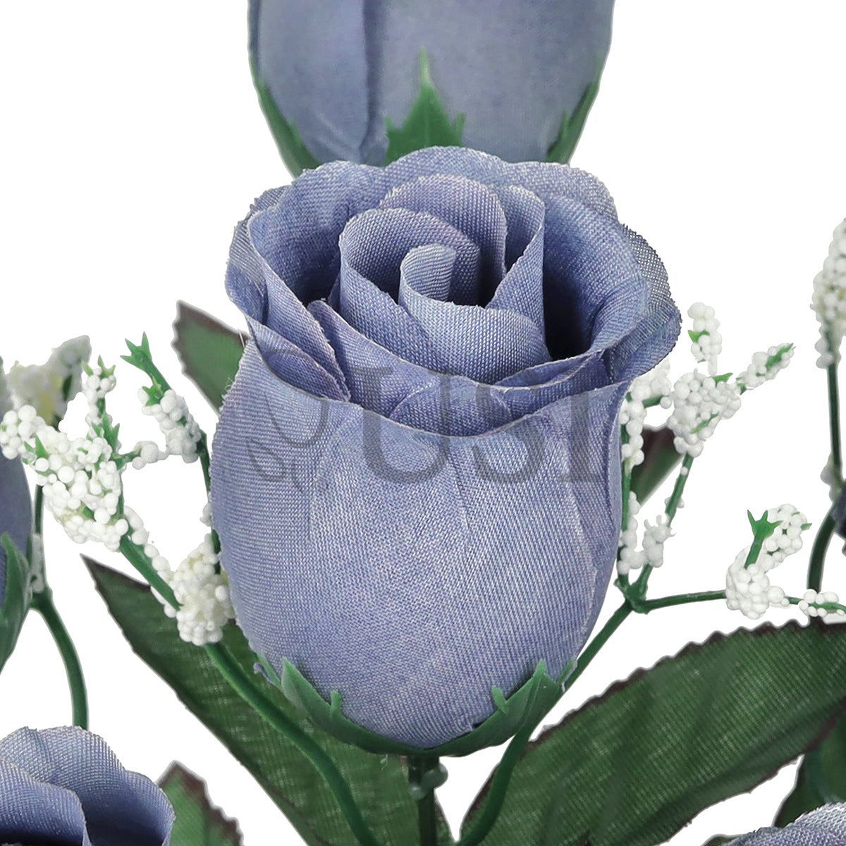 Standard Rose Bud Flower Bush w Gypsophila x6, 14in, Blue Grey