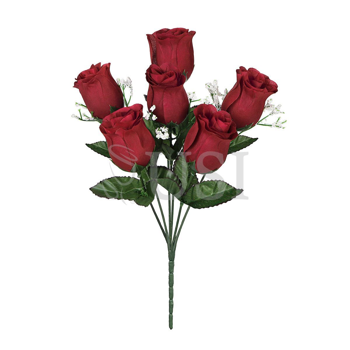 Standard Rose Bud Flower Bush w Gypsophila x6, 14in, Burgundy