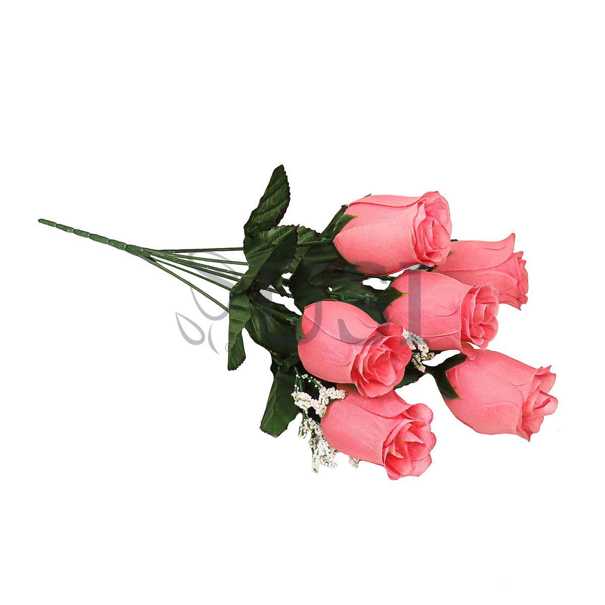 Standard Rose Bud Flower Bush w Gypsophila x6, 14in, Coral