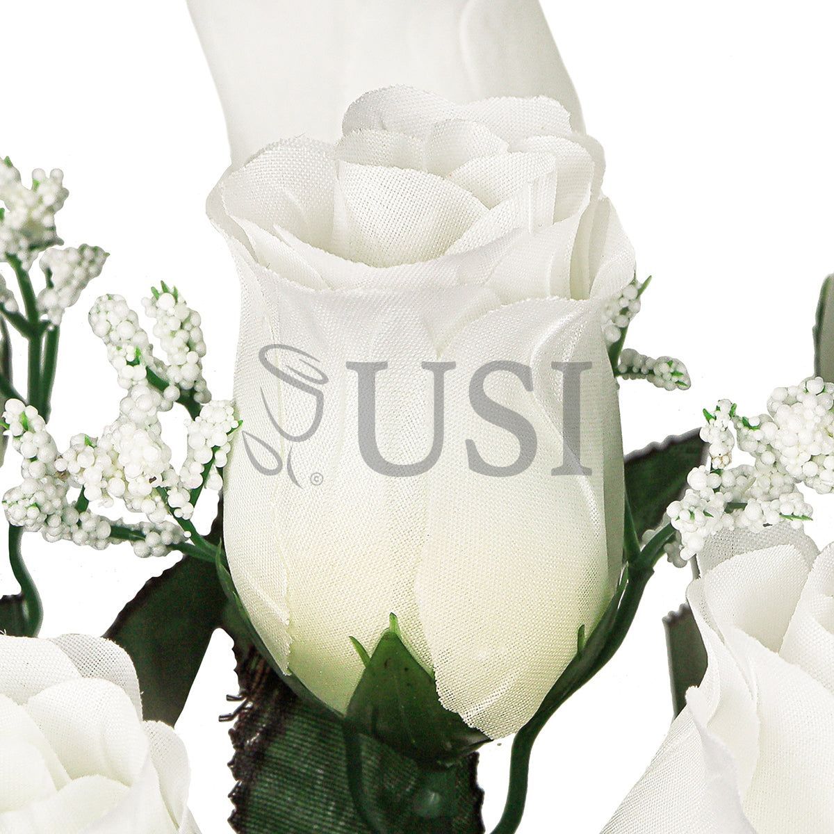 Standard Rose Bud Flower Bush w Gypsophila x6, 14in, Cream White