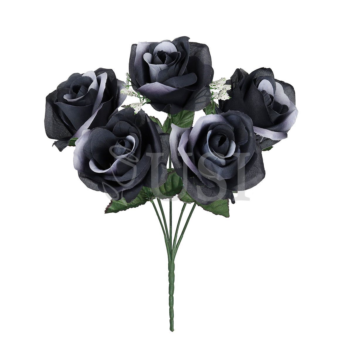Standard Open Rose Flower Bush w Gypsophila x5, 14in, Black White