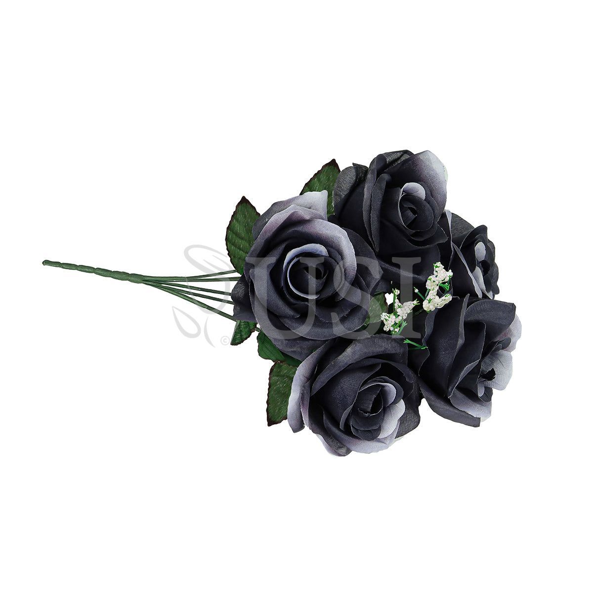 Standard Open Rose Flower Bush w Gypsophila x5, 14in, Black White