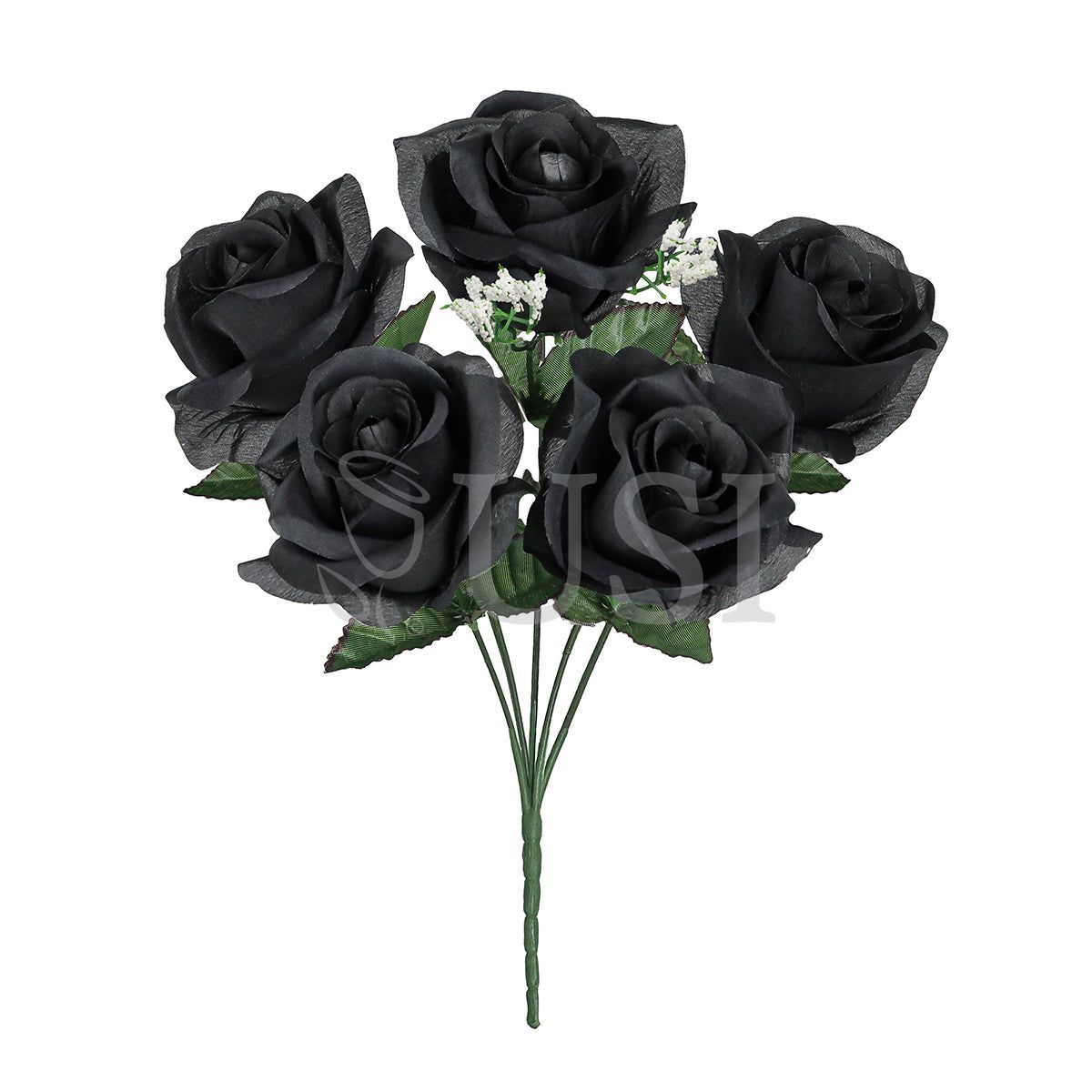 Standard Open Rose Flower Bush w Gypsophila x5, 14in, Black