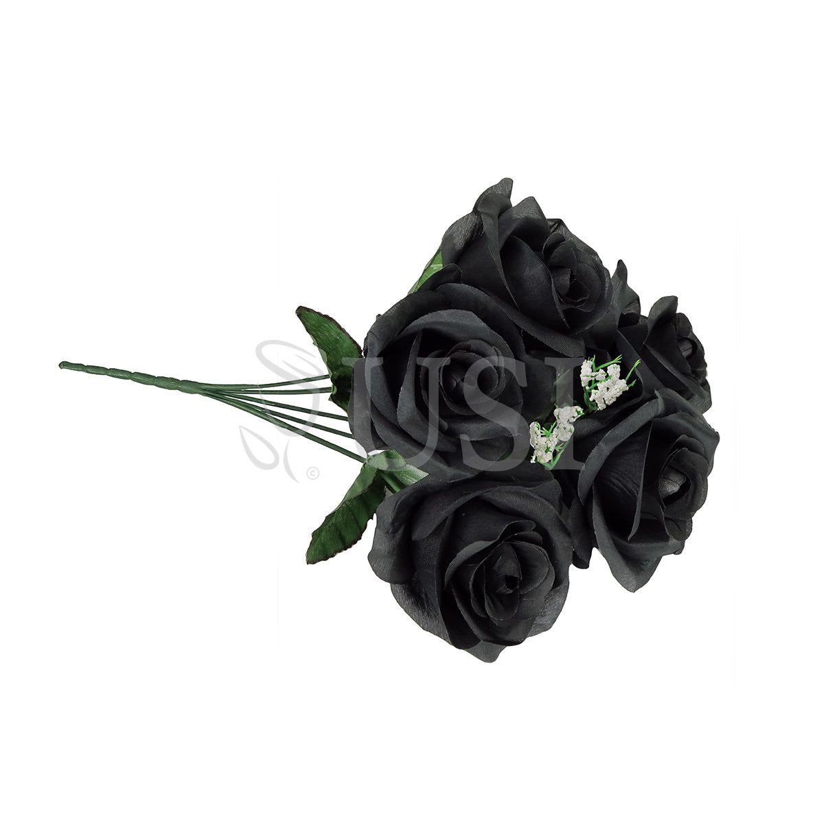 Standard Open Rose Flower Bush w Gypsophila x5, 14in, Black