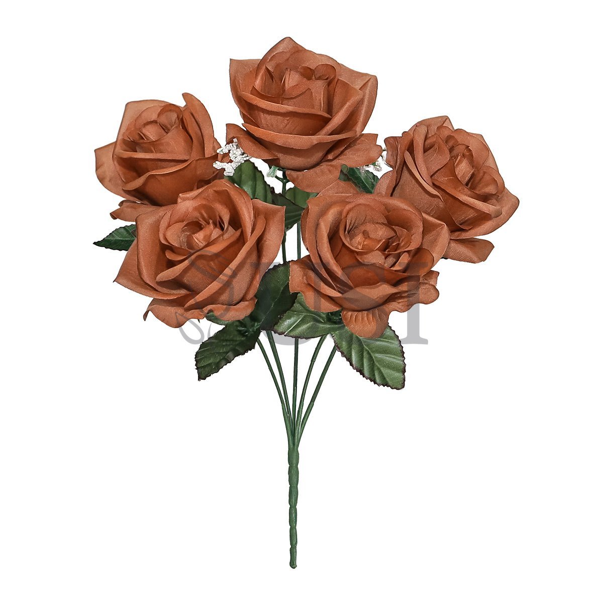 Standard Open Rose Flower Bush w Gypsophila x5, 14in, Brown