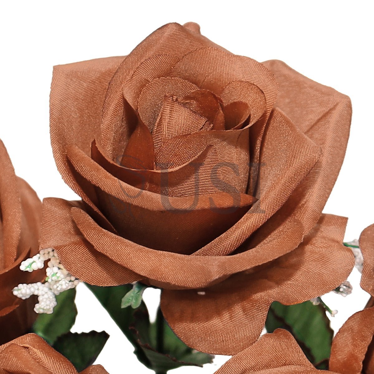 Standard Open Rose Flower Bush w Gypsophila x5, 14in, Brown