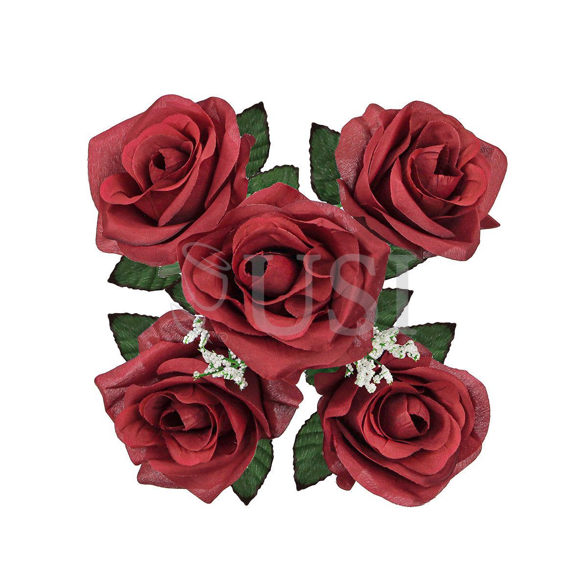 Standard Open Rose Flower Bush w Gypsophila x5, 14in, Burgundy