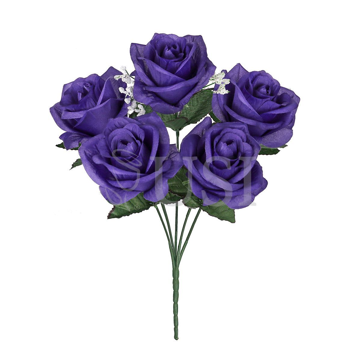 Standard Open Rose Flower Bush w Gypsophila x5, 14in, Dark Purple