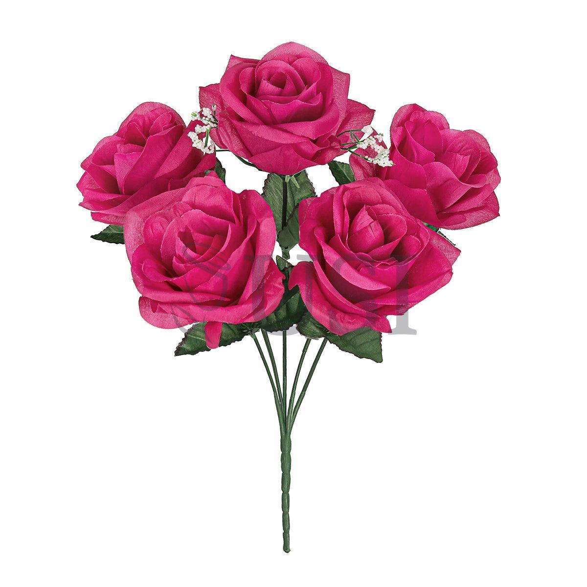 Standard Open Rose Flower Bush w Gypsophila x5, 14in, Hot Pink