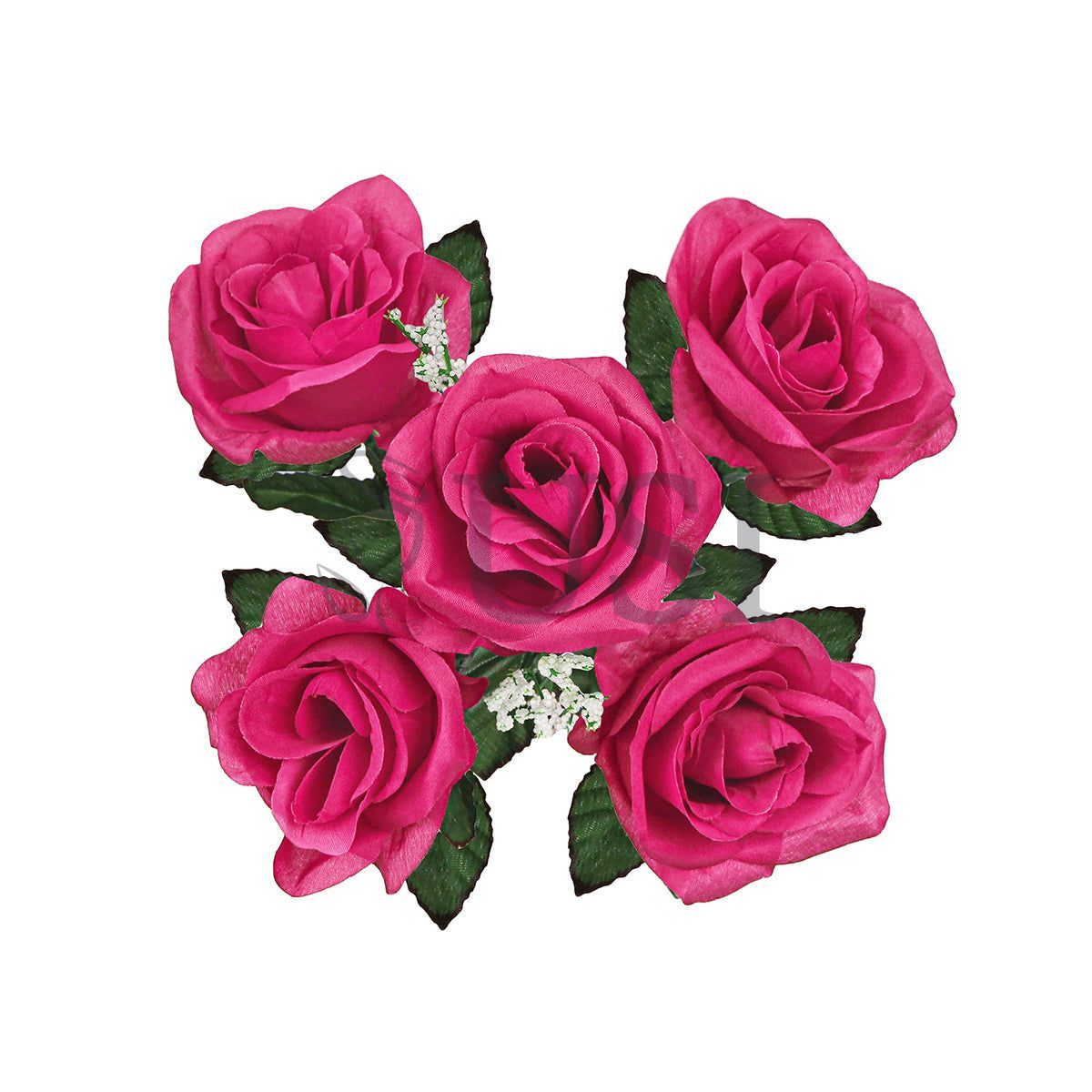 Standard Open Rose Flower Bush w Gypsophila x5, 14in, Hot Pink