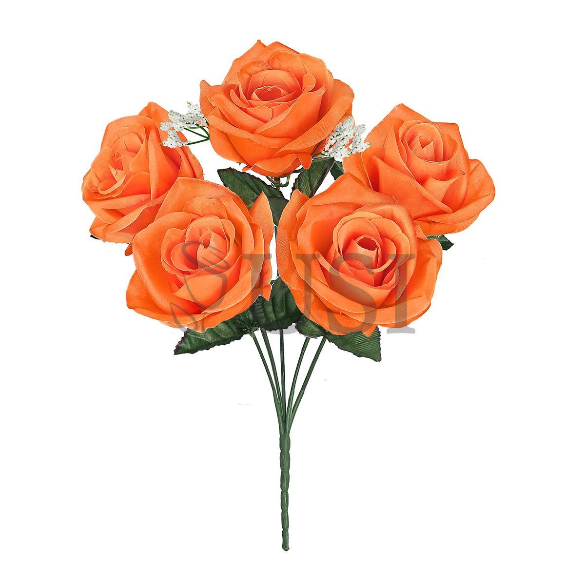 Standard Open Rose Flower Bush w Gypsophila x5, 14in, Orange