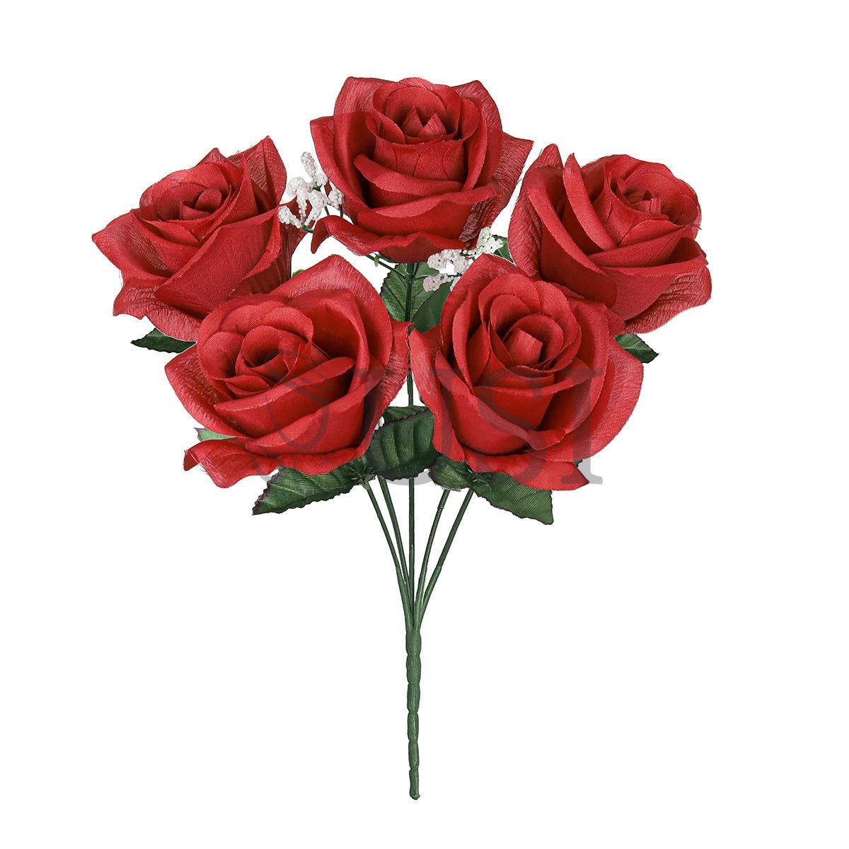 Standard Open Rose Flower Bush w Gypsophila x5, 14in, Red